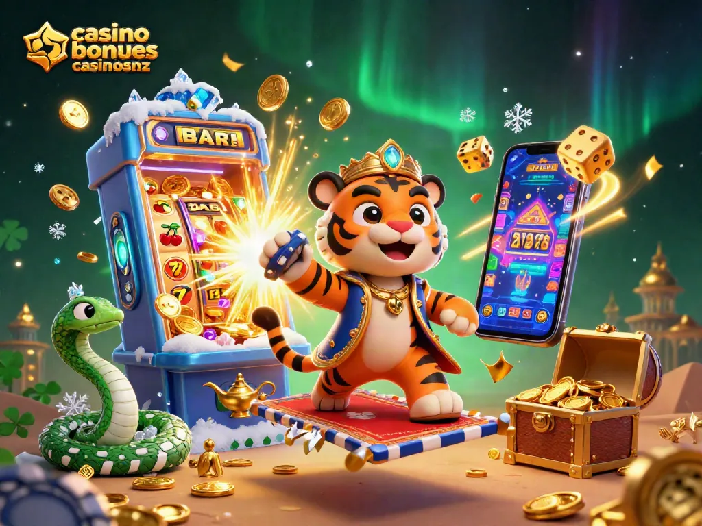 Experience exciting casino bonuses casinosnz with a vibrant 3D illustration of a tiger sultan and magical elements.