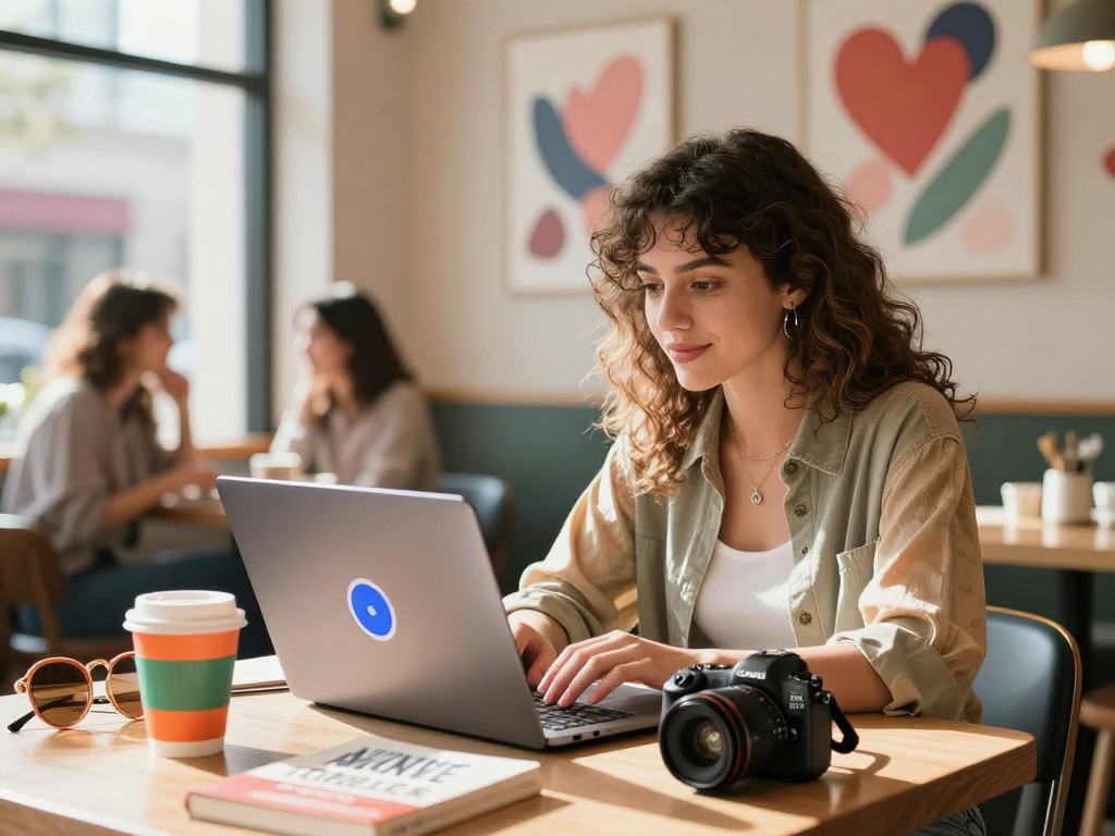 Engaged young woman exploring sluts ai in a trendy coffee shop, vibrant atmosphere fostering modern relationship discussions.