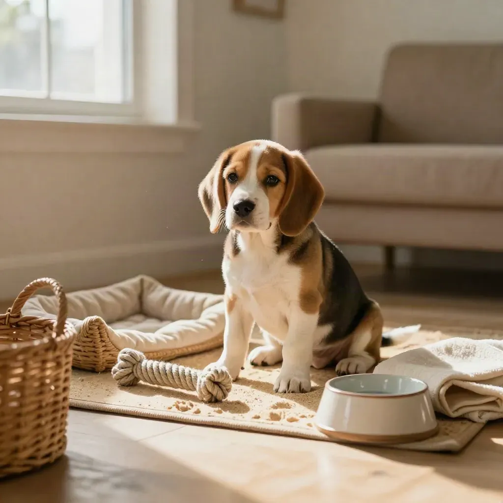 Cucciolo beagle seduto su tappeto da addestramento in salotto luminoso, con cuccia, gioco e ciotola.
