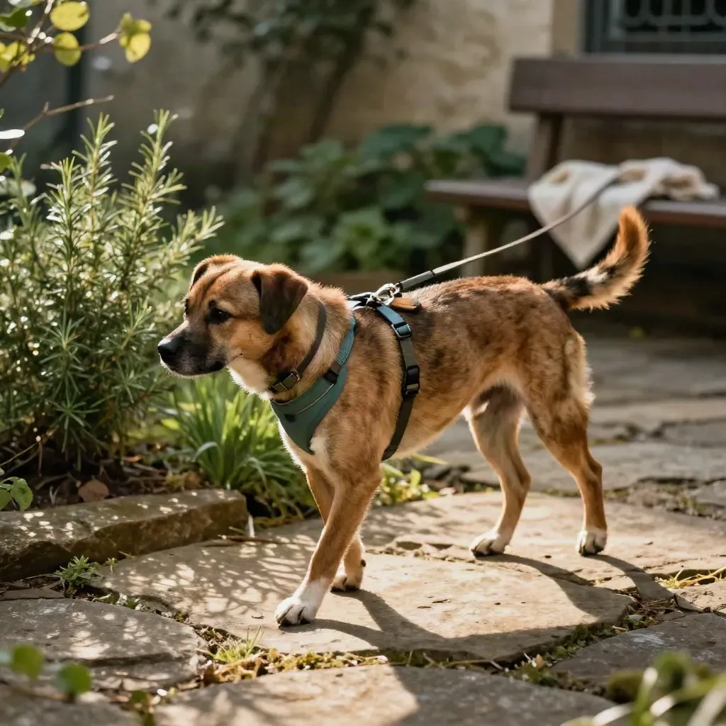 Cane al guinzaglio lento su sentiero di pietra, luce calda tra le foglie, accento teal