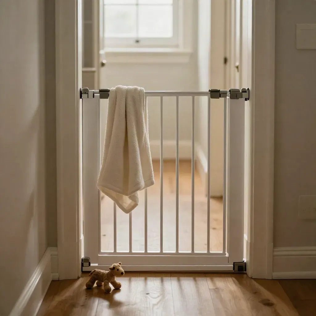 Corridoio ordinato con cancelletto bianco, coperta piegata e gioco da masticare vicino a una porta chiusa.