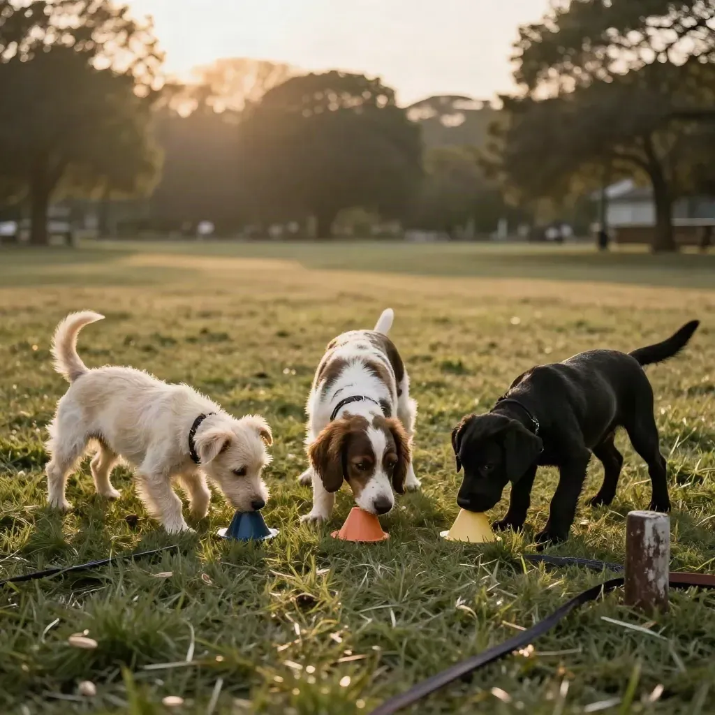 Tre cani calmi socializzano tra coni e prato in un parco al tramonto.
