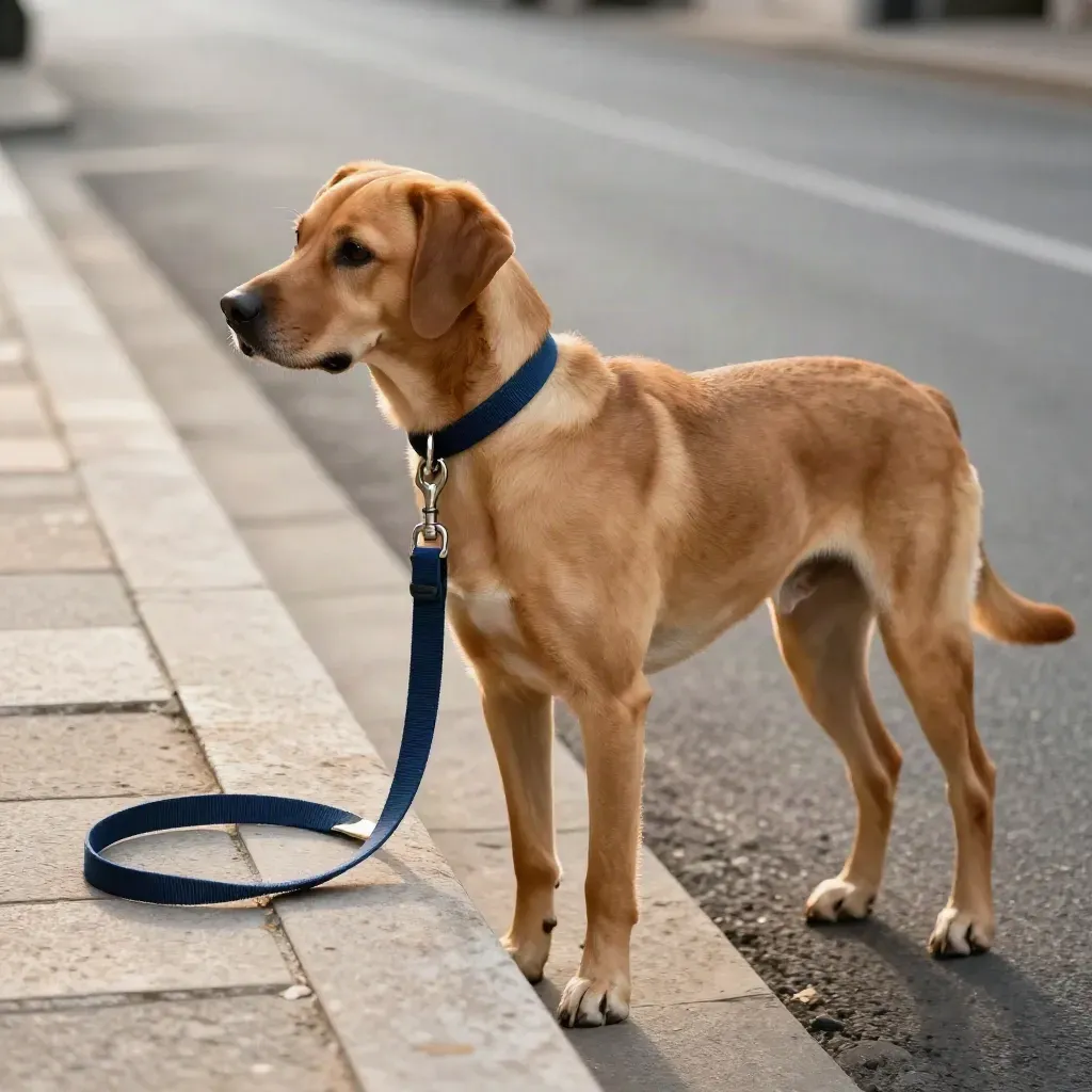 Cane al passo accanto a un marciapiede, guinzaglio morbido a U, luce calda e atmosfera tranquilla.