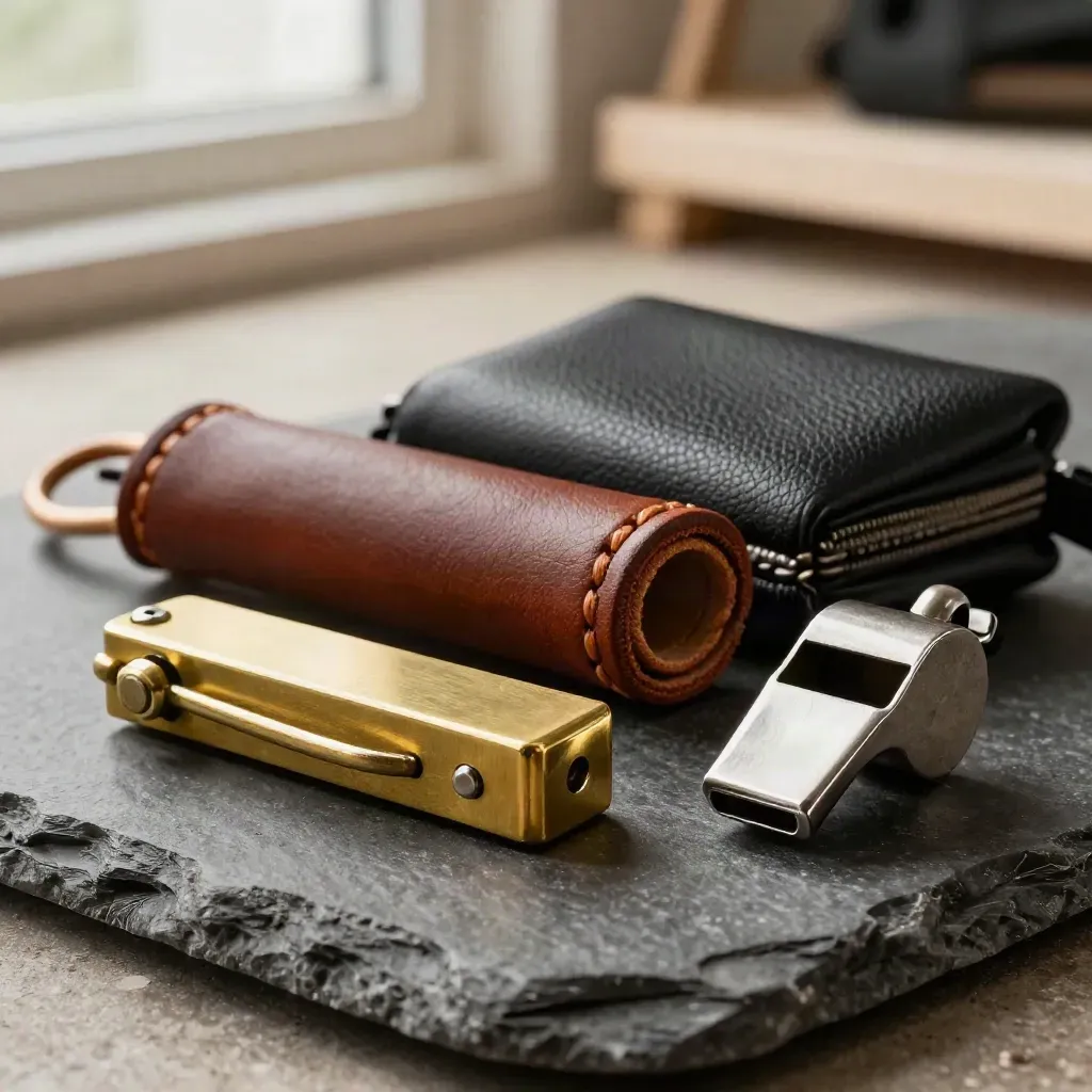 Clicker in ottone, guinzaglio arrotolato, pouch e fischietto su pietra scura.