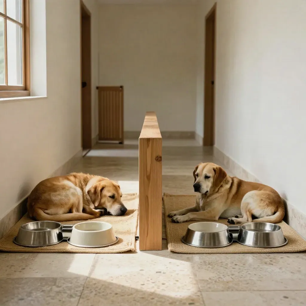 Due cani riposano su tappeti separati in un corridoio calmo con due ciotole.
