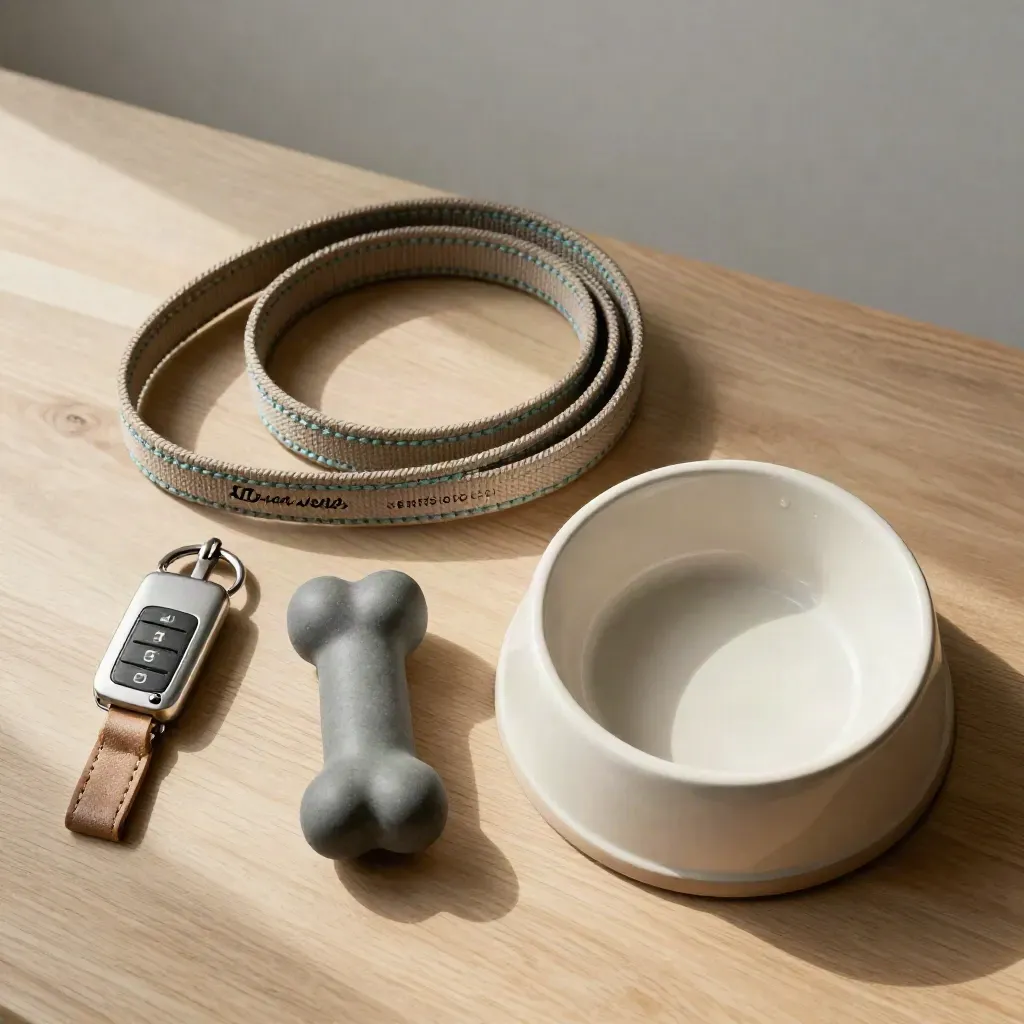 Leash arrotolato, chiavi di casa, osso da masticare e ciotola su legno chiaro.