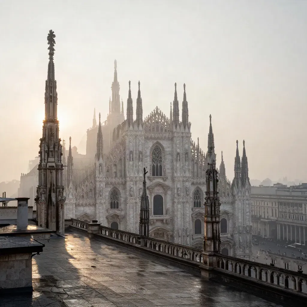 Il Duomo di Milano emerge dalla nebbia all’alba sopra i tetti bagnati.