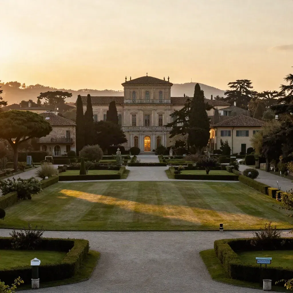 Villa Reale di Monza al tramonto con ville brianzole e colline lontane.
