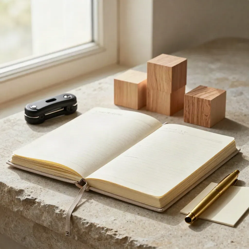 Planner chiuso, blocchi orari in legno, clicker e cappuccio di penna su lino chiaro.