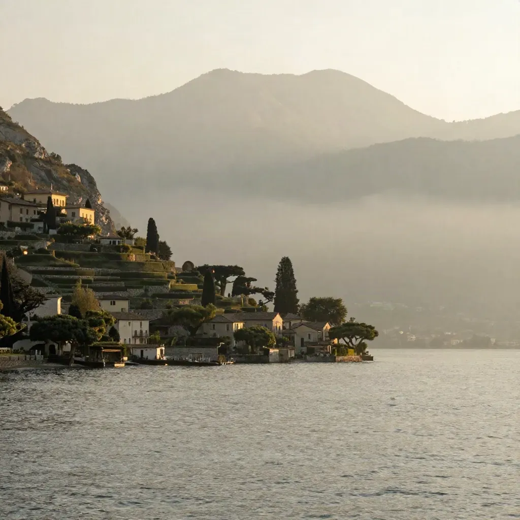 Lago di Como in haze dorata con coste stratificate e montagne lontane.