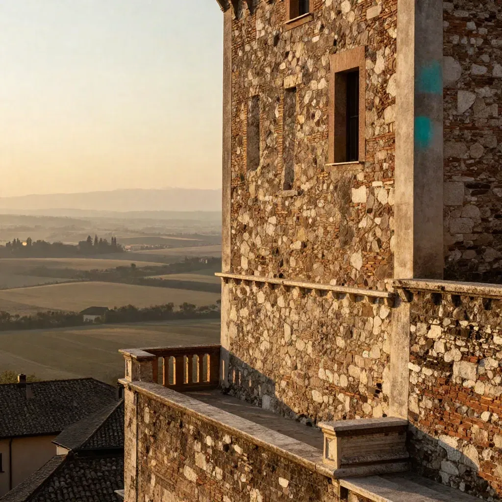 Mura in pietra di Bergamo Alta al tramonto con la pianura bresciana in lieve foschia.