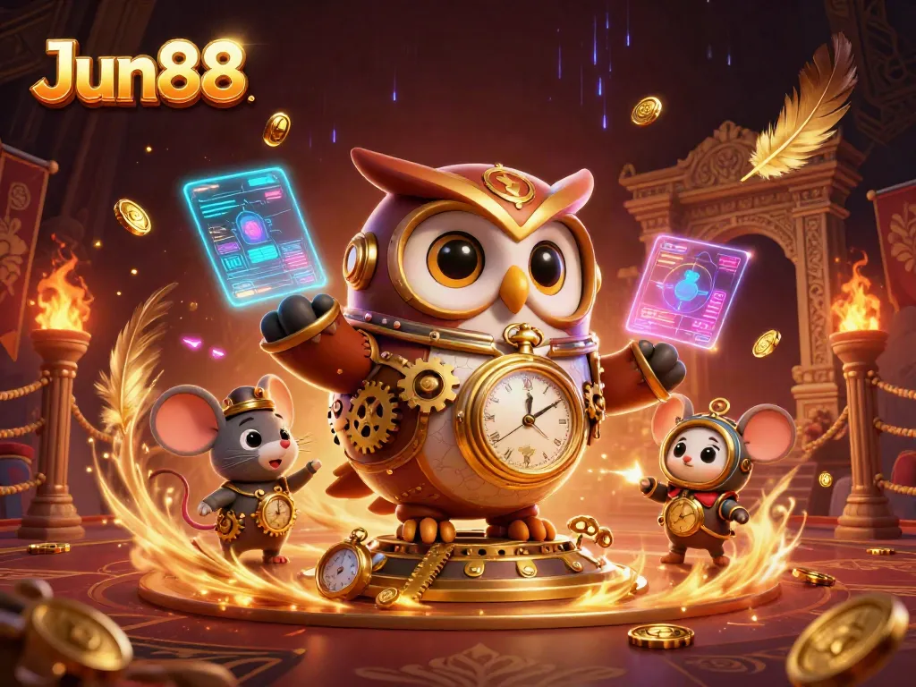 Experience thrilling moments at Jun88 with a vibrant 3D illustration showcasing casino elements and time-traveling characters.