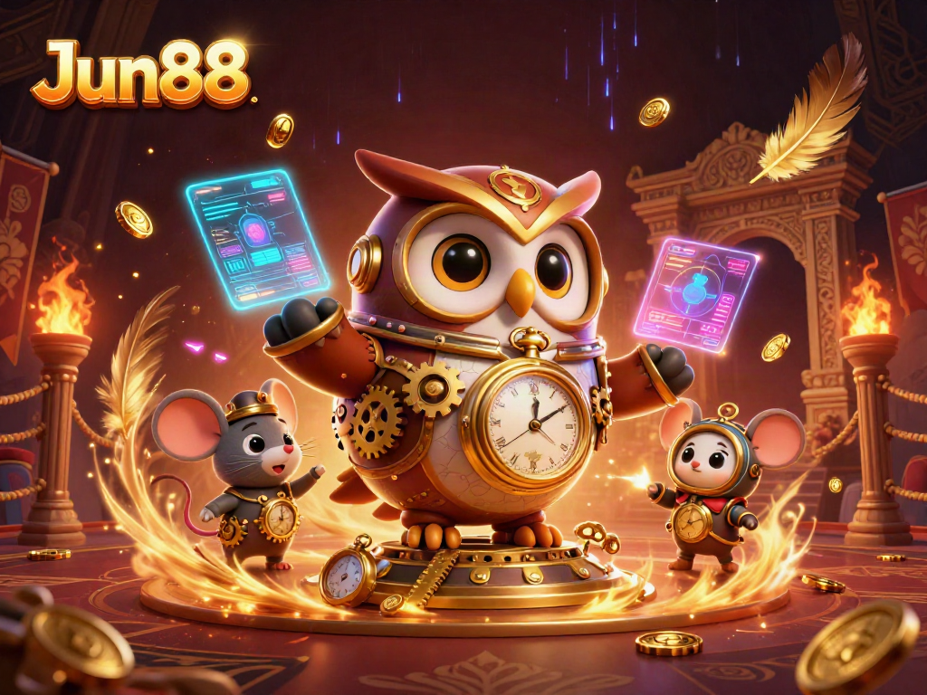 Experience thrilling moments at Jun88 with a vibrant 3D illustration showcasing casino elements and time-traveling characters.