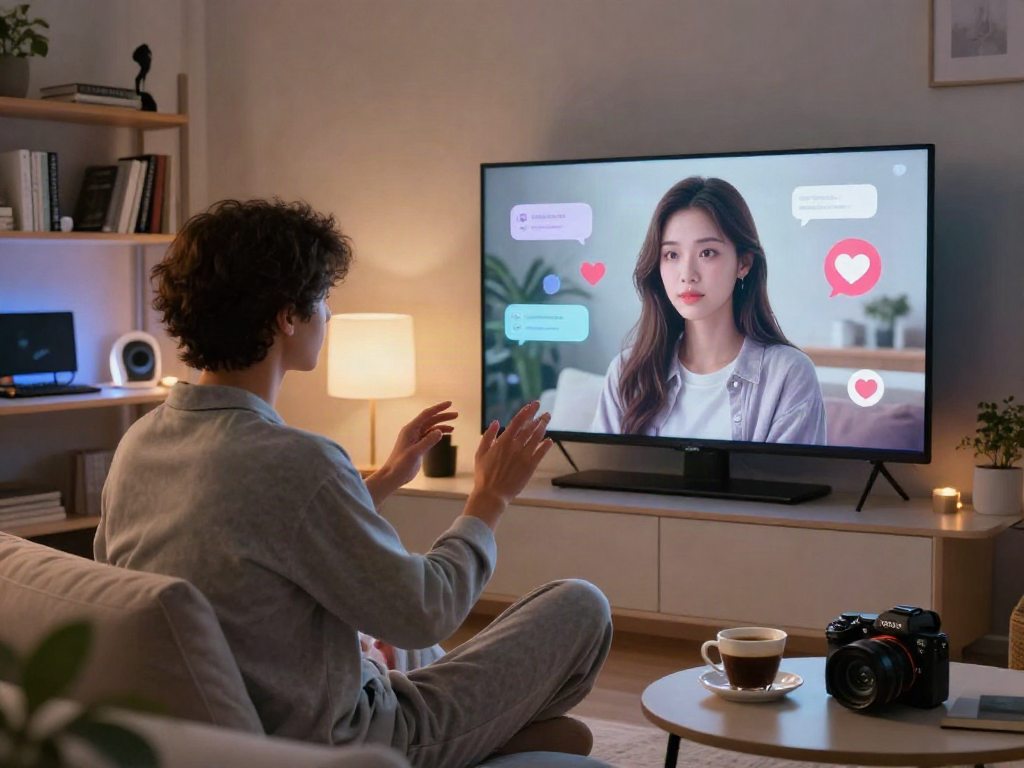 AI gf virtual relationship scene with cozy living room ambiance
