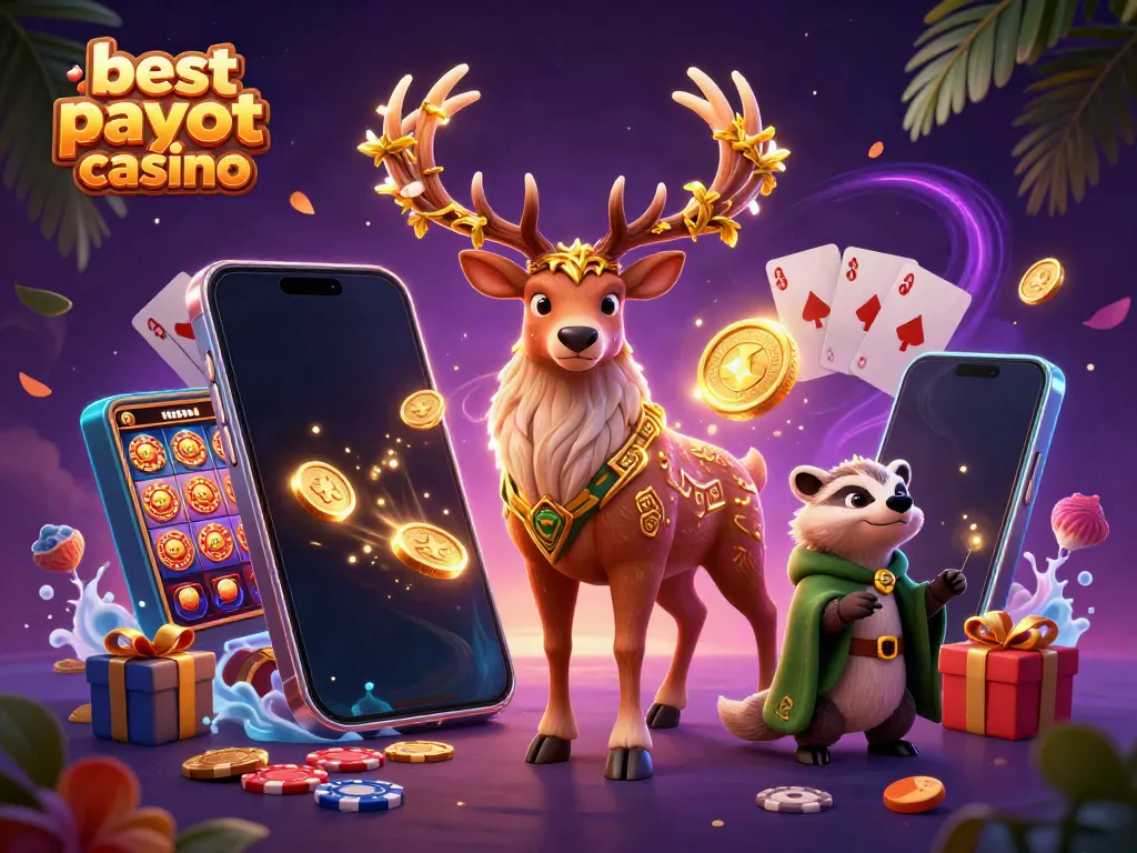 A spectacular scene of the best payout casino, featuring a Celtic stag and a badger amidst vibrant game elements.