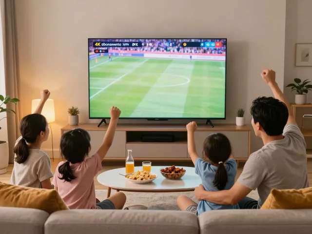 Family enjoying abbonamento iptv while watching live sports in 4K.